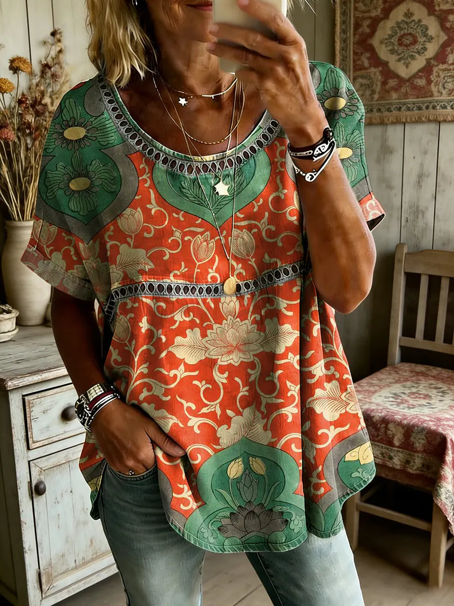 Women's Folk Floral Art Print Round Neck Short Sleeve Hollow-Out Shirt