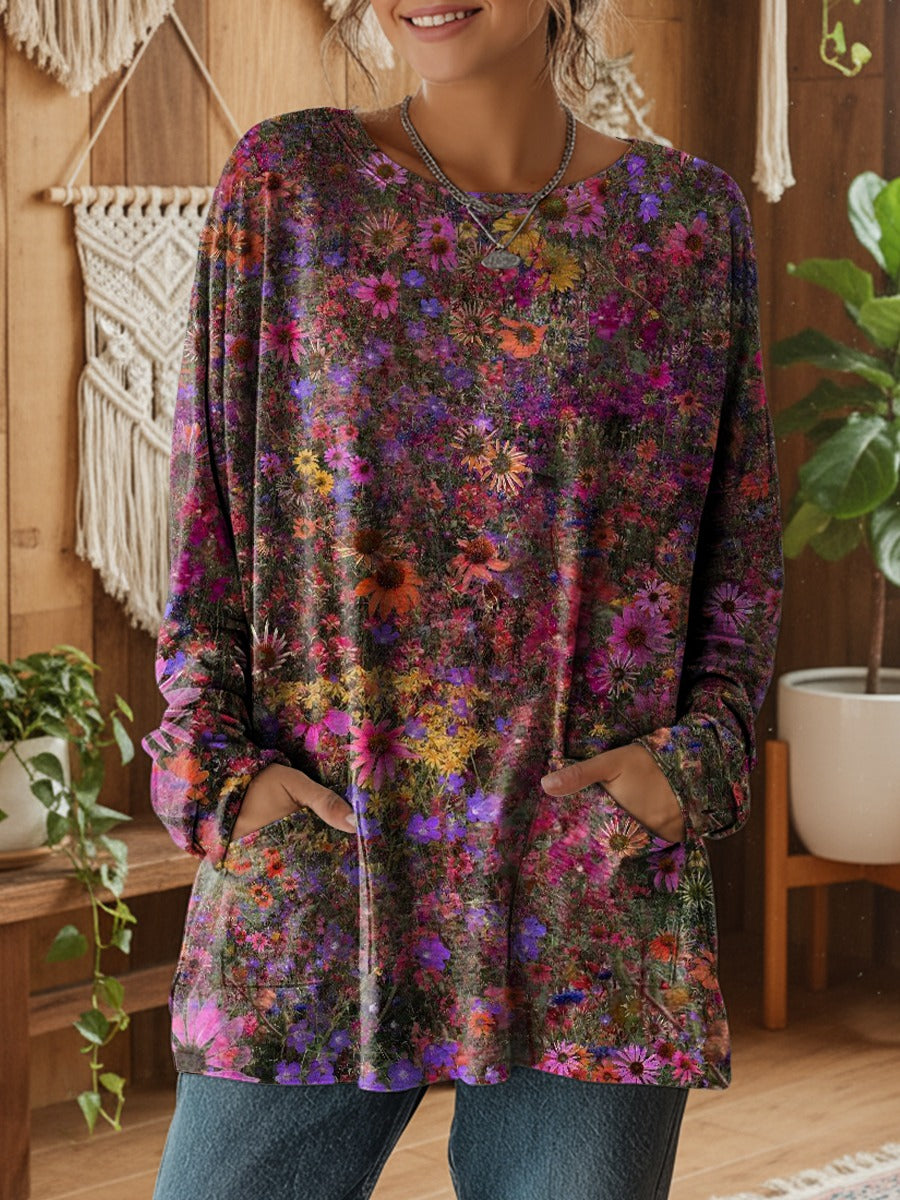Women's Vintage Floral Art Print Casual V-neck Long Sleeve T-shirt