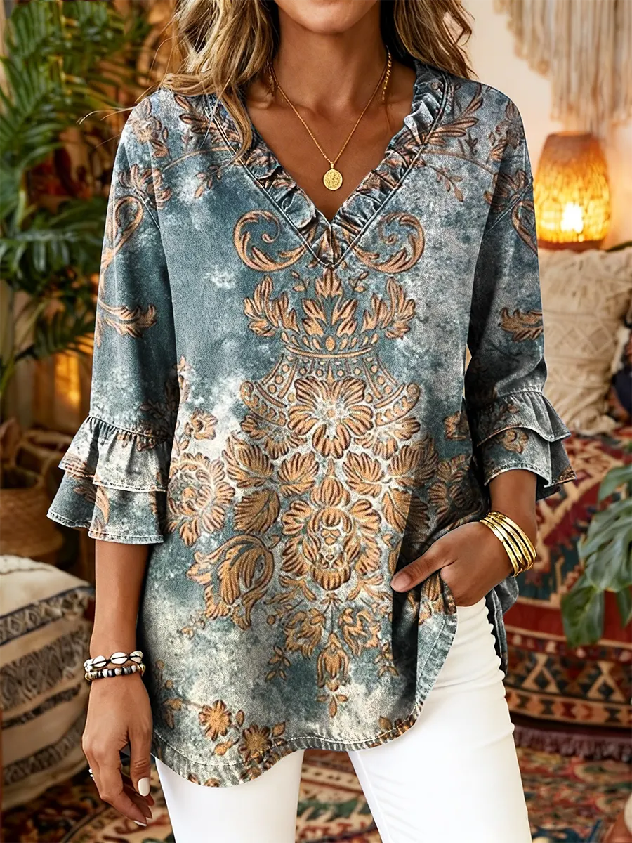 Vintage Ethnicity Totem Flowers Women's Art Print Casual V-neck Ruffled Washed Cotton Denim Top