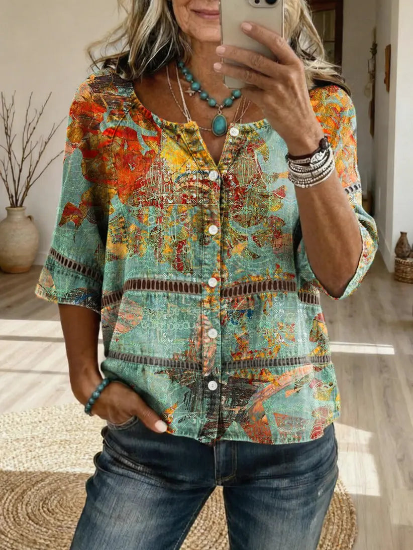 Women's Retro-Patterned Artistic Print Casual Cutout Top