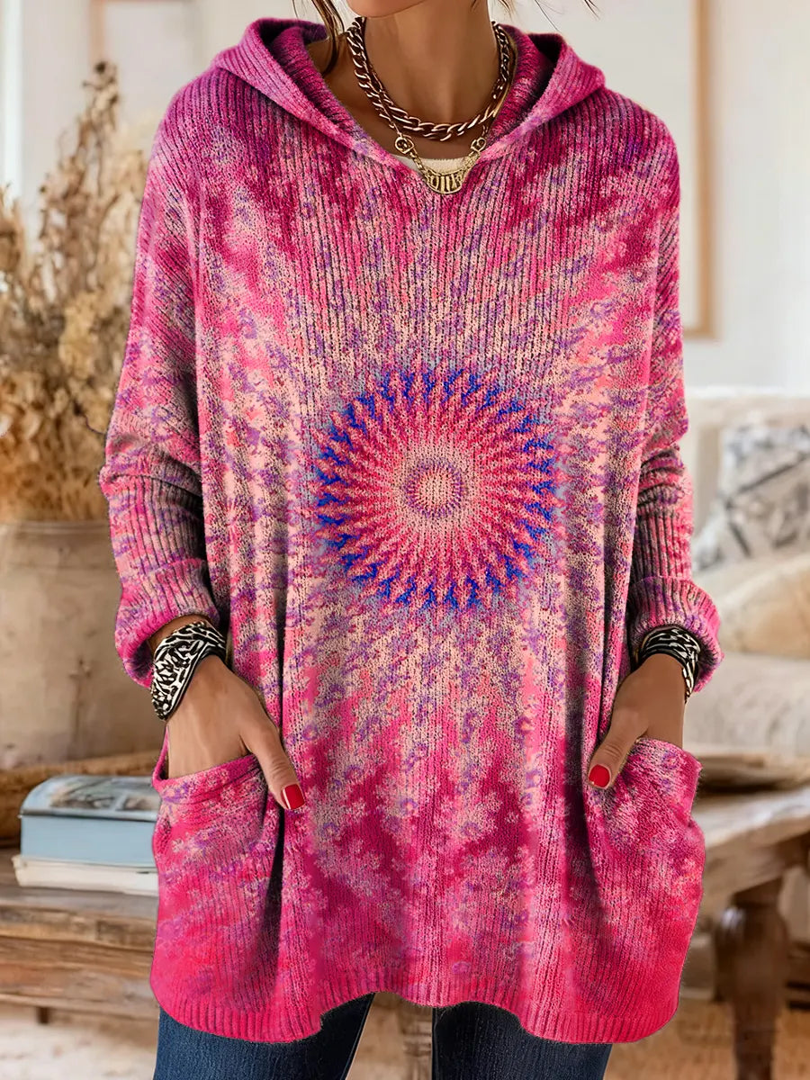 Women's Tie-Dye Mandala Pattern Art Print Casual Knit Hoodie with Pockets