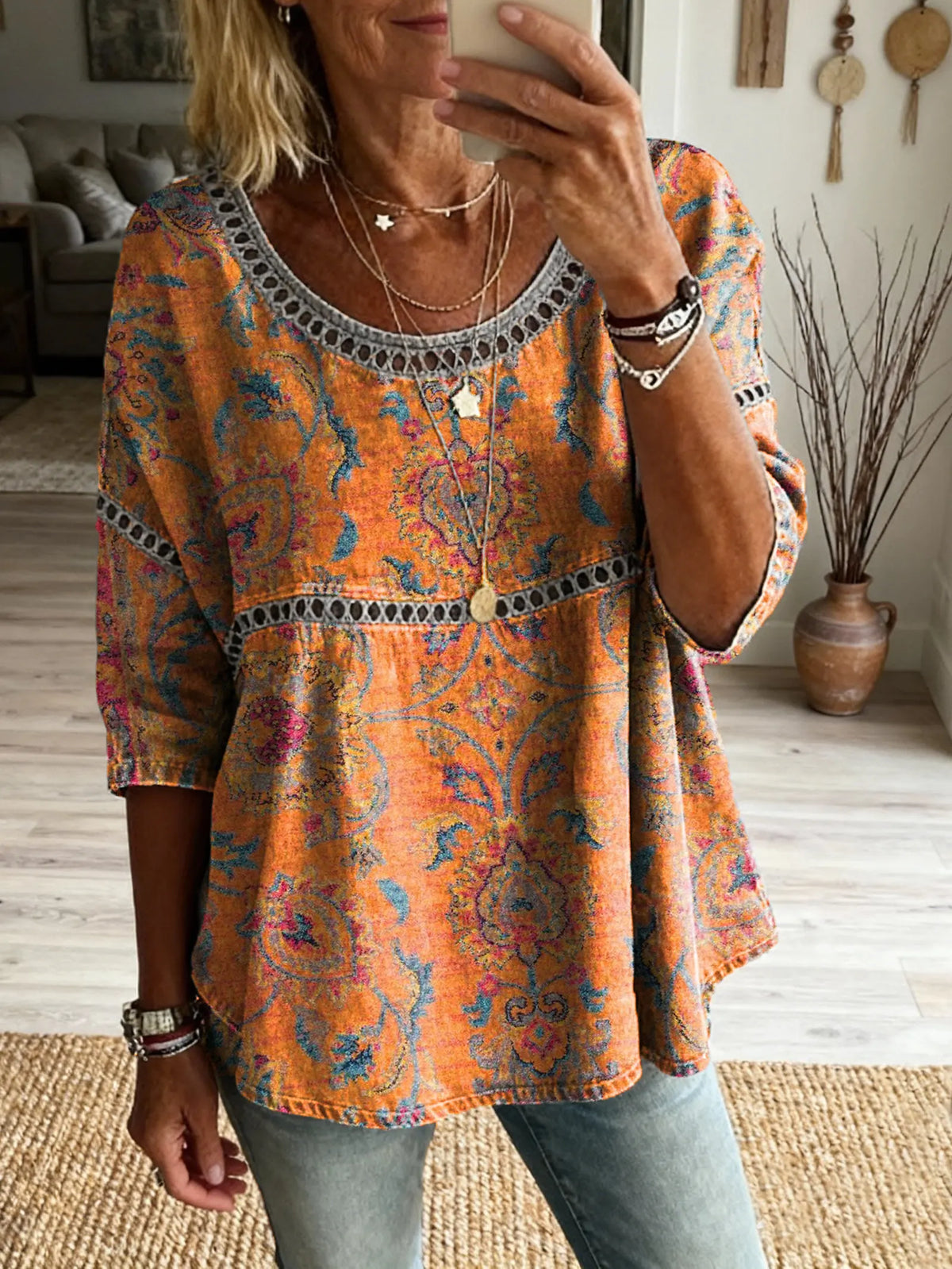 Ethnicity Totem Women's Vintage Art Print Casual Round Neck Cutout Top