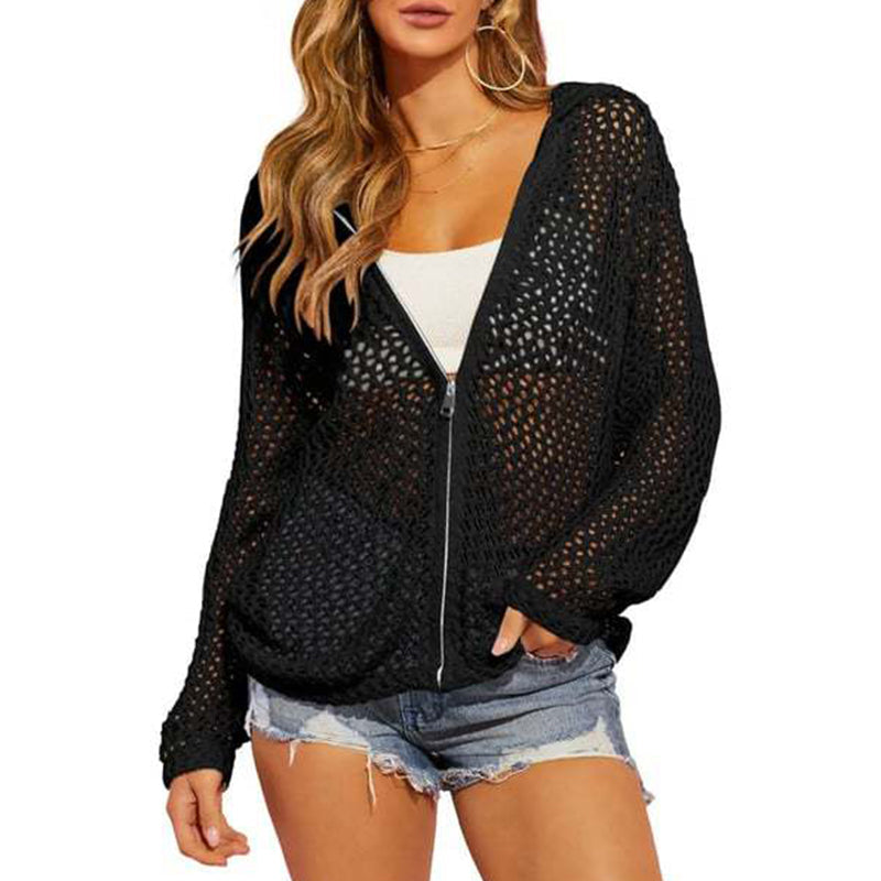 🌸☀️ 2026 Women's Open-Knit Zip-Up Cardigan | Lightweight Hollow-Out Long Sleeve Sweater for Spring & Summer