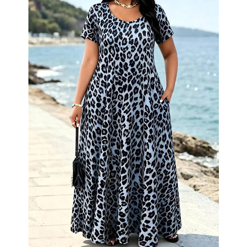 🏖️Summer Hot Sale 50% Off!💃Women's Leopard Print Maxi Dress with Pockets Casual Short Sleeve Long Dress