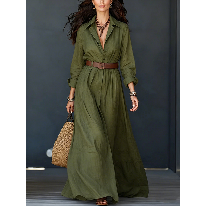 💖Women Long Sleeve Shirt Maxi Dress with Belt Classic Turndown Collar Holiday Resort Long Dress
