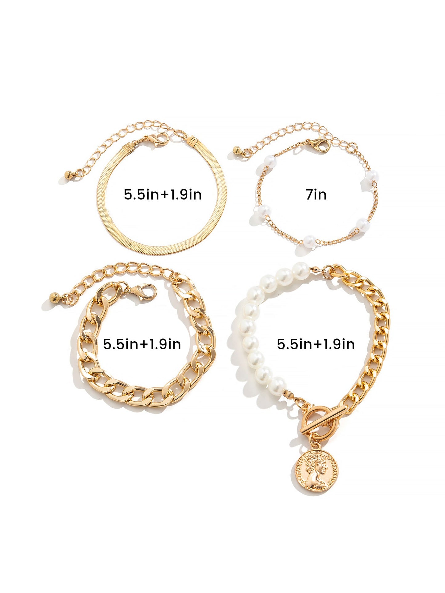 3 or 4 Pieces Bold Chain Alloy Faux Pearl Bracelet Set