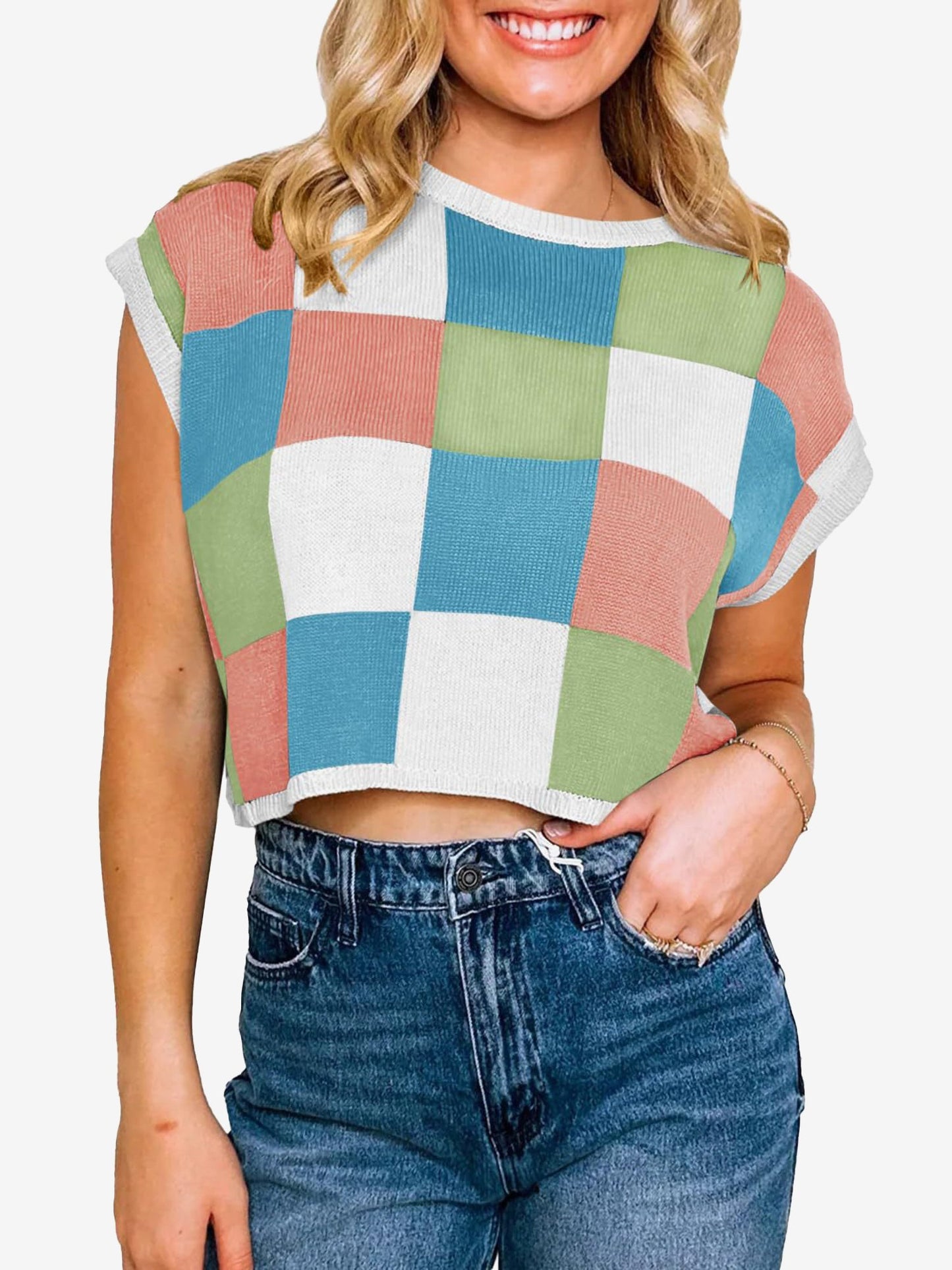 Short Sleeve Colorblock Crew Neck Knit Tops