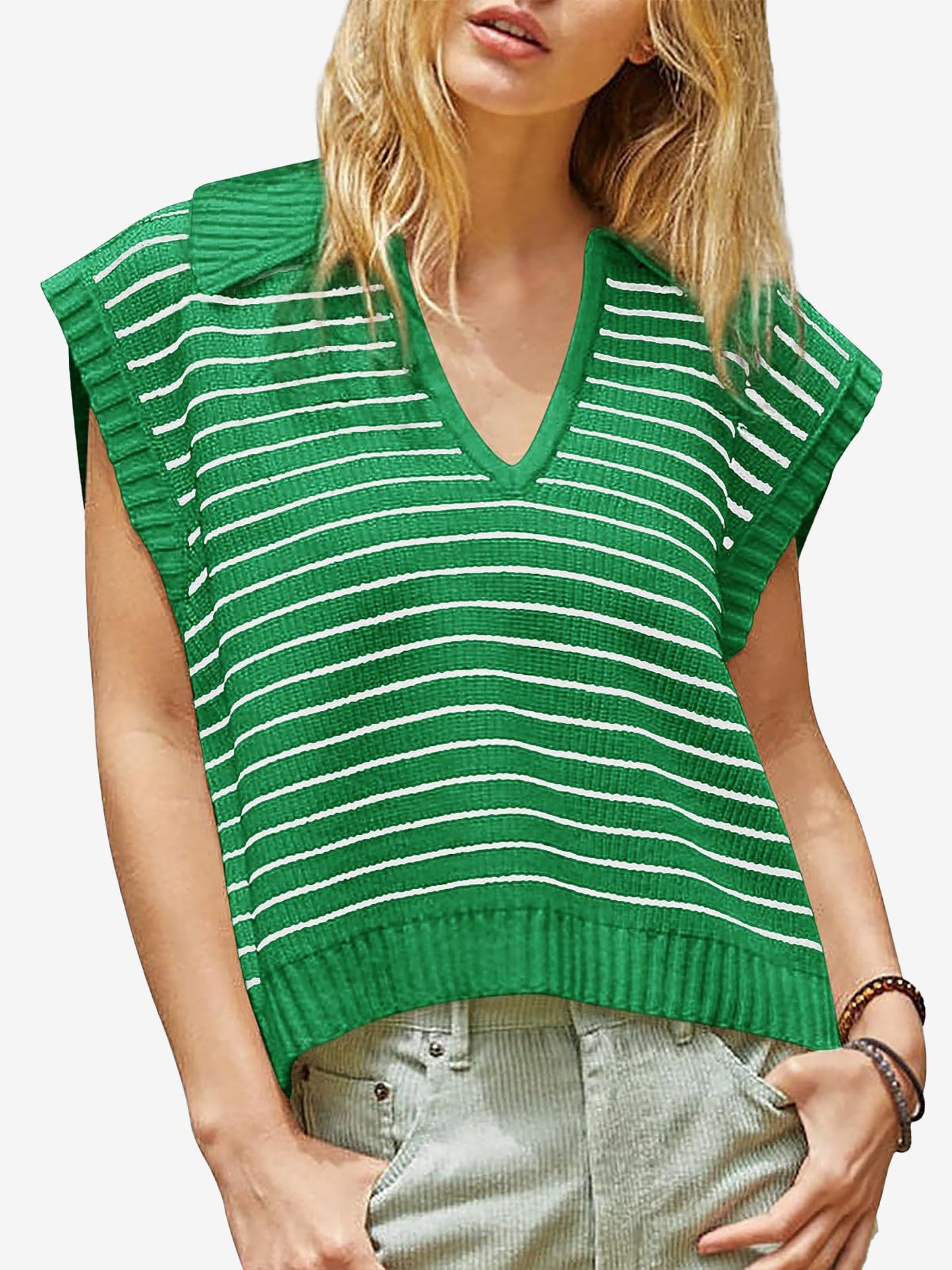 Collared V Neck Knitted Casual Striped Sweater