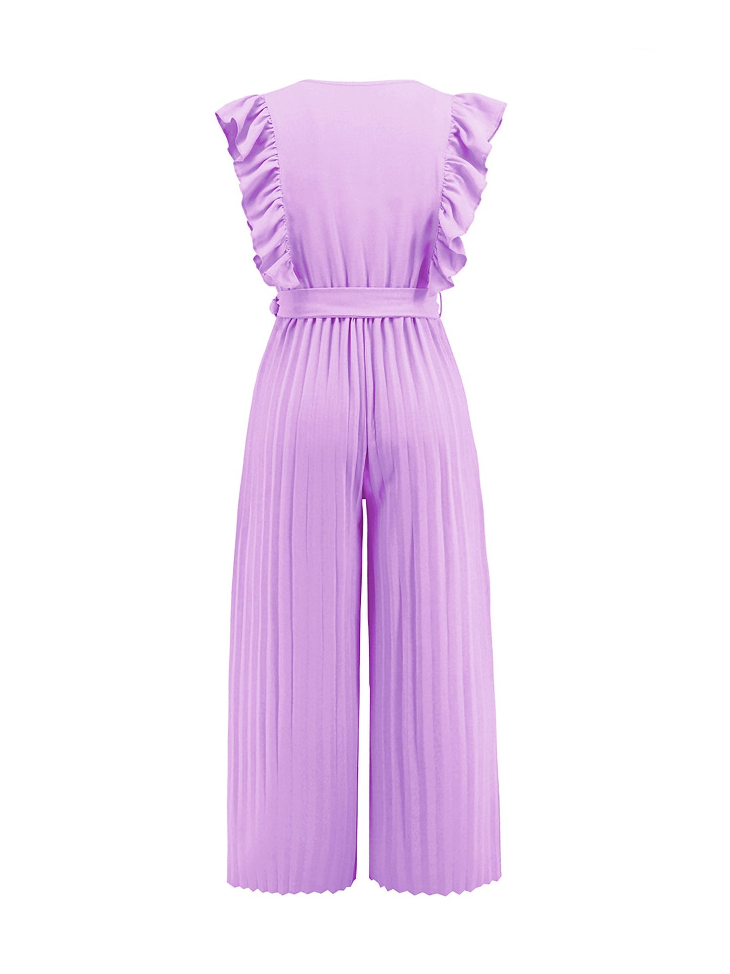 Elegant Ruffled Cap Sleeves High-Waist Pleats Belted Wide Leg Office Jumpsuits