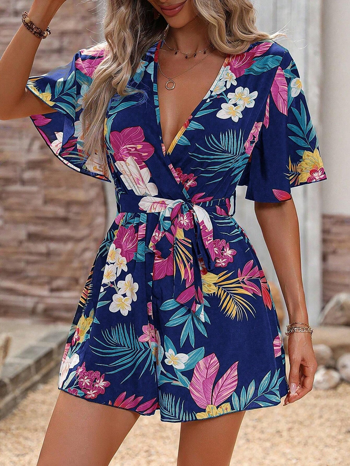 Floral Short Sleeves V Neck Tie Waist Beach Rompers