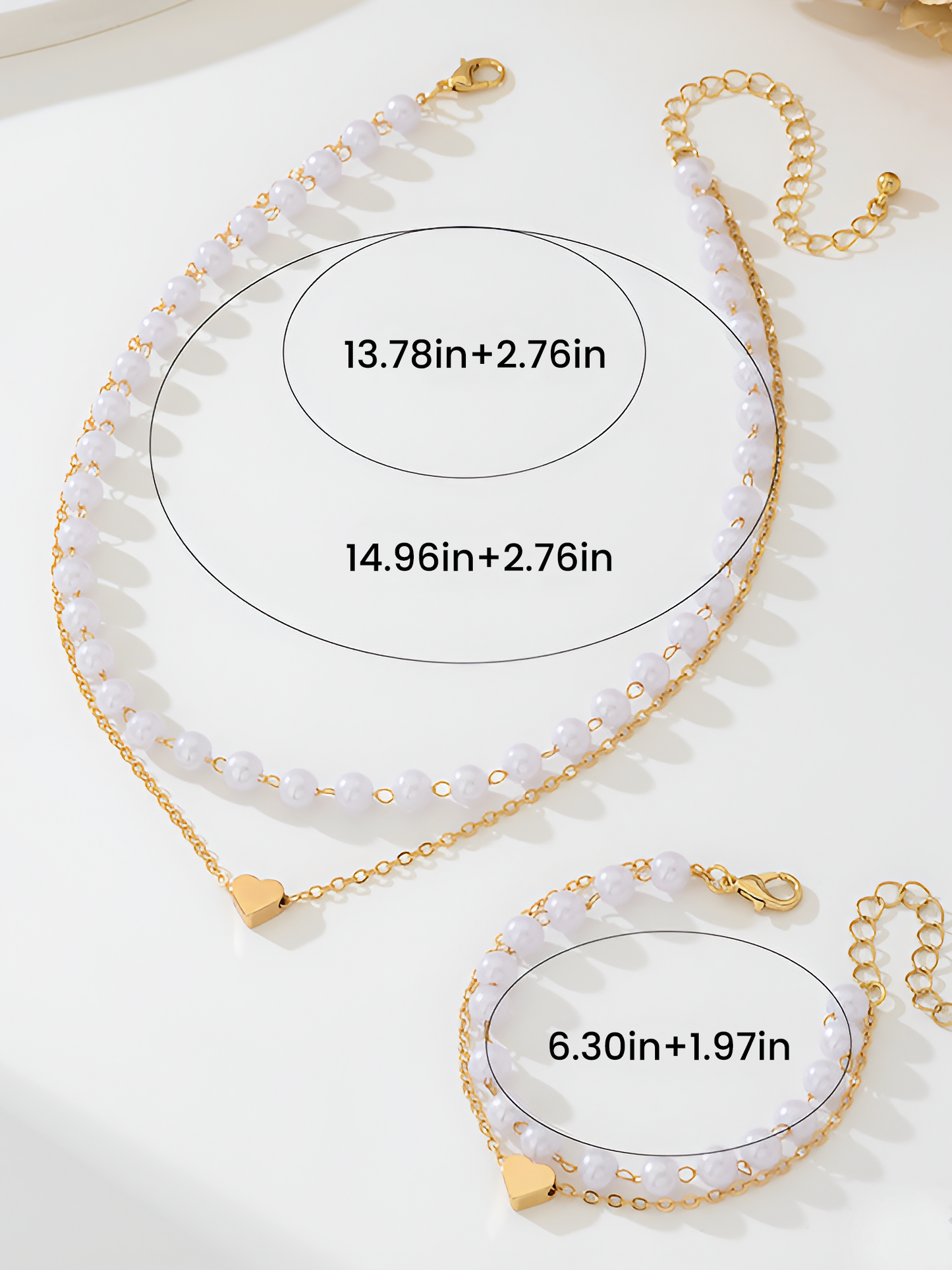 2 Pcs Faux Pearl Heart Shape Pendant Necklace Bracelet Set