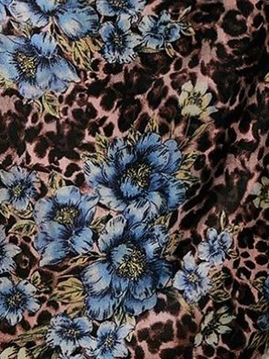 Mock Neck Split Sleeves Leopard Floral Mini Dress