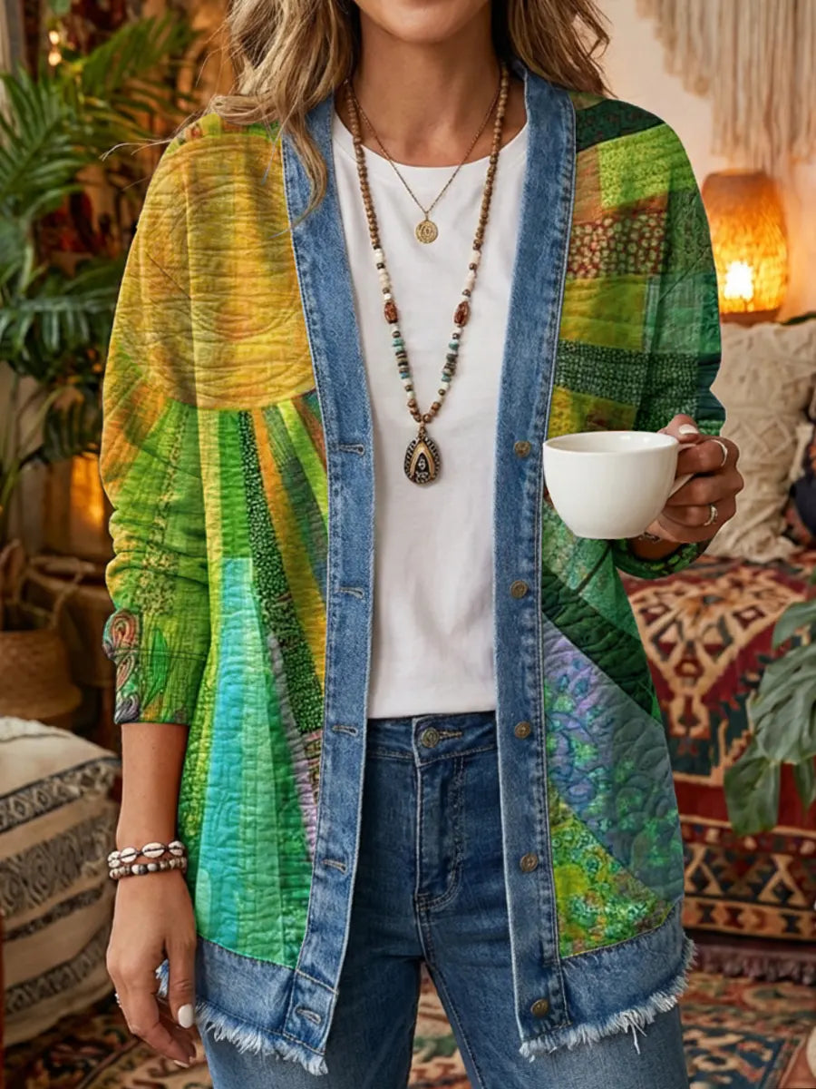 Vintage Sun Patchwork Women's Art Print Casual Long Sleeve Shirt Denim Coat