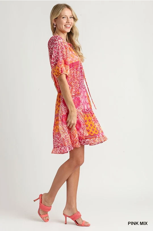 UMGEE Metallic Boho Multi Print Dress Pink Mix