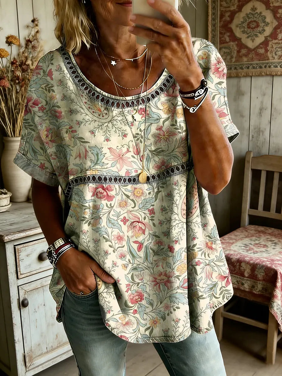 Women's Paisley Art Print Round Neck Short Sleeve Hollow-Out Shirt