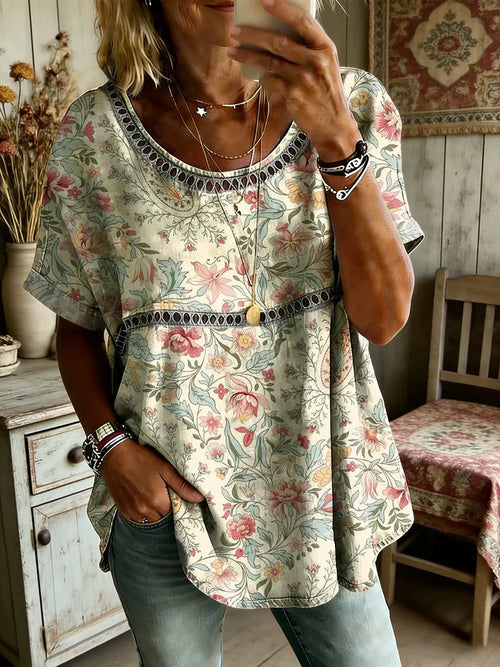 Women's Paisley Art Print Round Neck Short Sleeve Hollow-Out Shirt