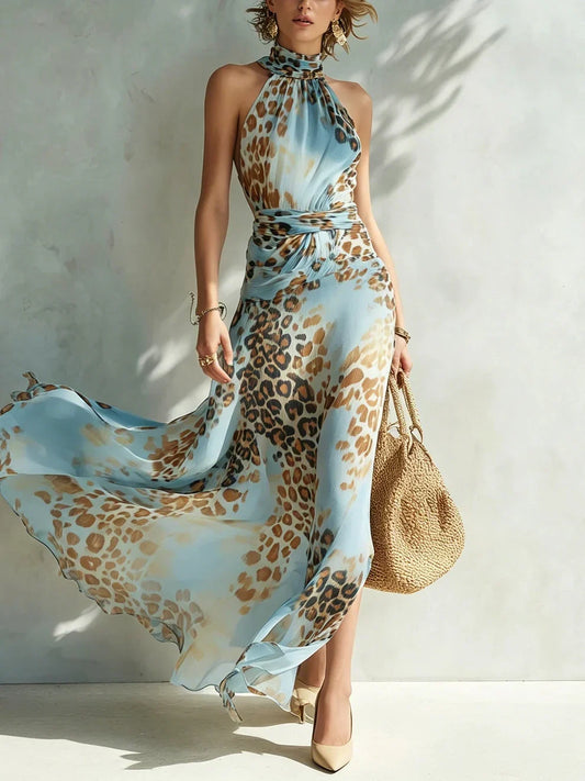 Eloria - Sheer Halter-Neck Leopard Maxi Dress