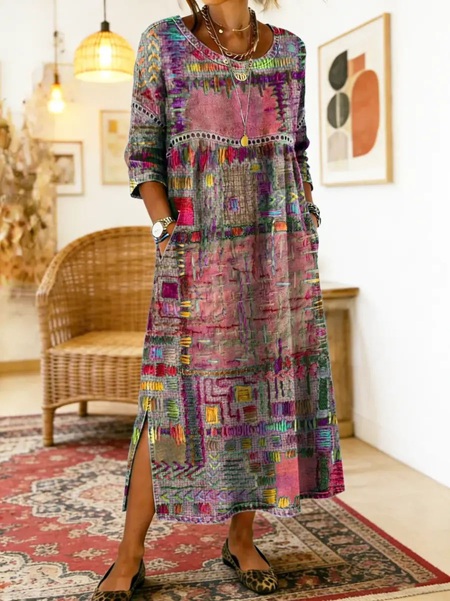 Women's Ethnic Patchwork Printed Cotton Denim Dress with Lace Trim