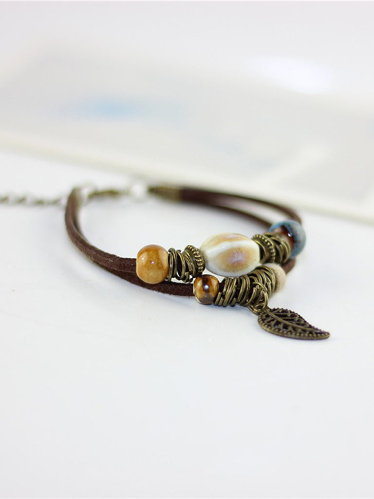 Simple Cowhide Rope Ceramic Kiln-changed Bead Bracelet Bohemian Couple Jewelry