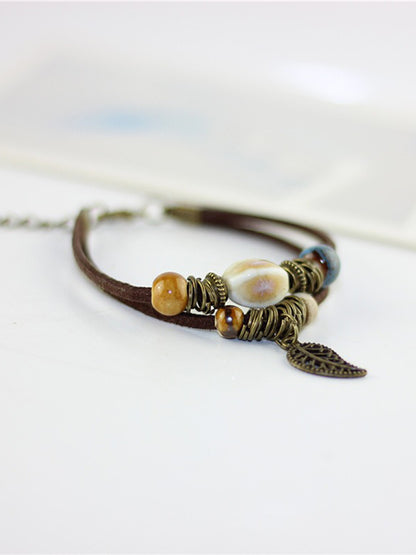Simple Cowhide Rope Ceramic Kiln-changed Bead Bracelet Bohemian Couple Jewelry