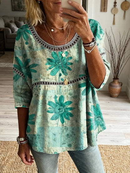 Women's Bohemian Vintage Floral Art Print Casual Round Neck Cutout Top