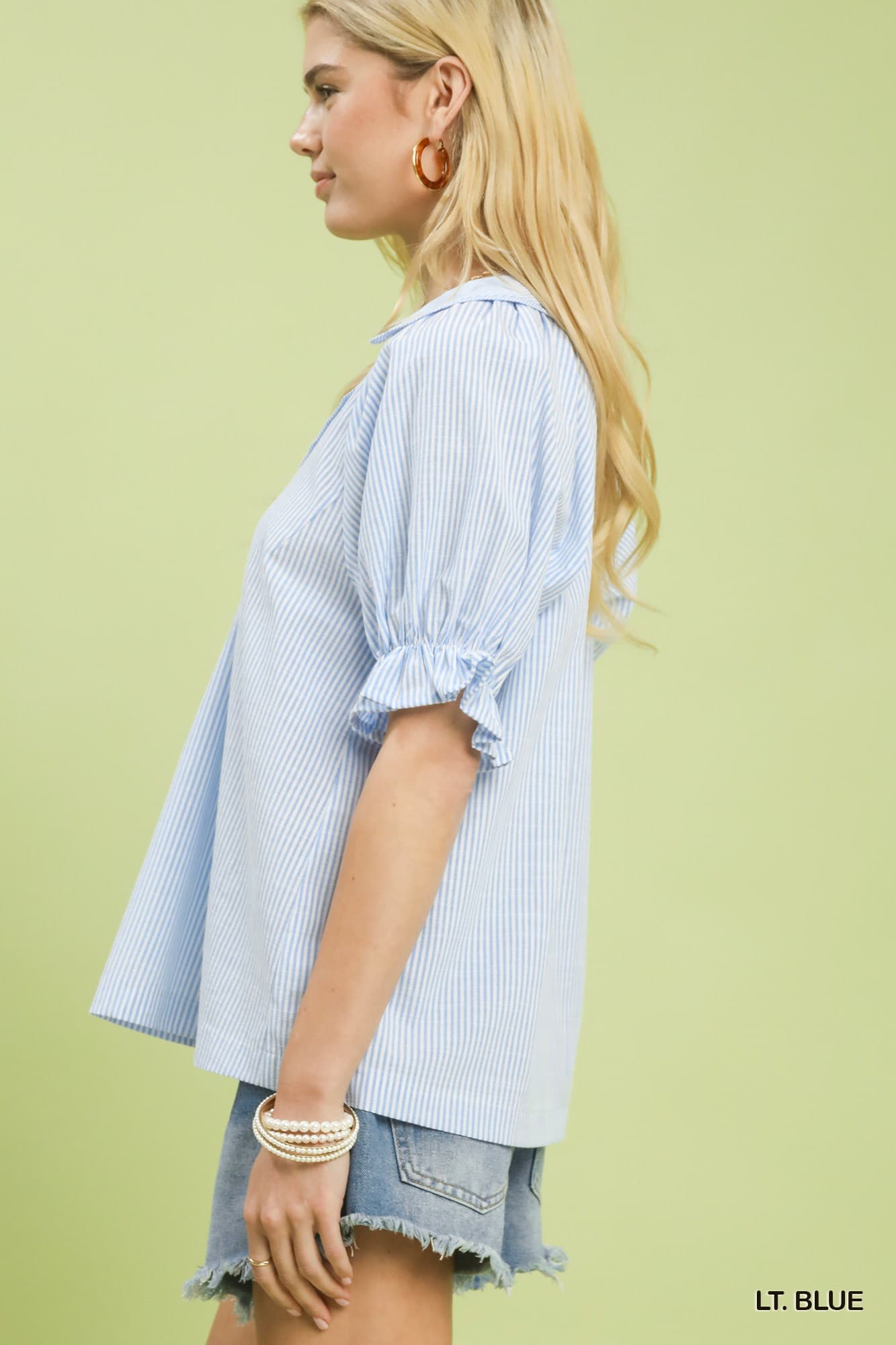 UMGEE Pinstripe Ruffle Sleeve Top Blue