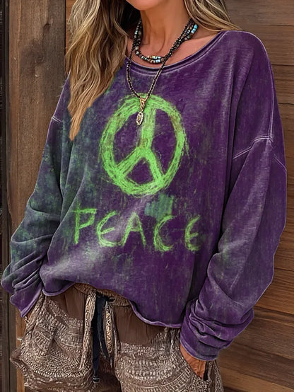 Women's Vintage Hippie Peace Art Print Casual Long-Sleeve T-Shirt