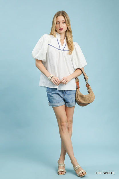 UMGEE Puff Sleeve Eyelet Top Off White