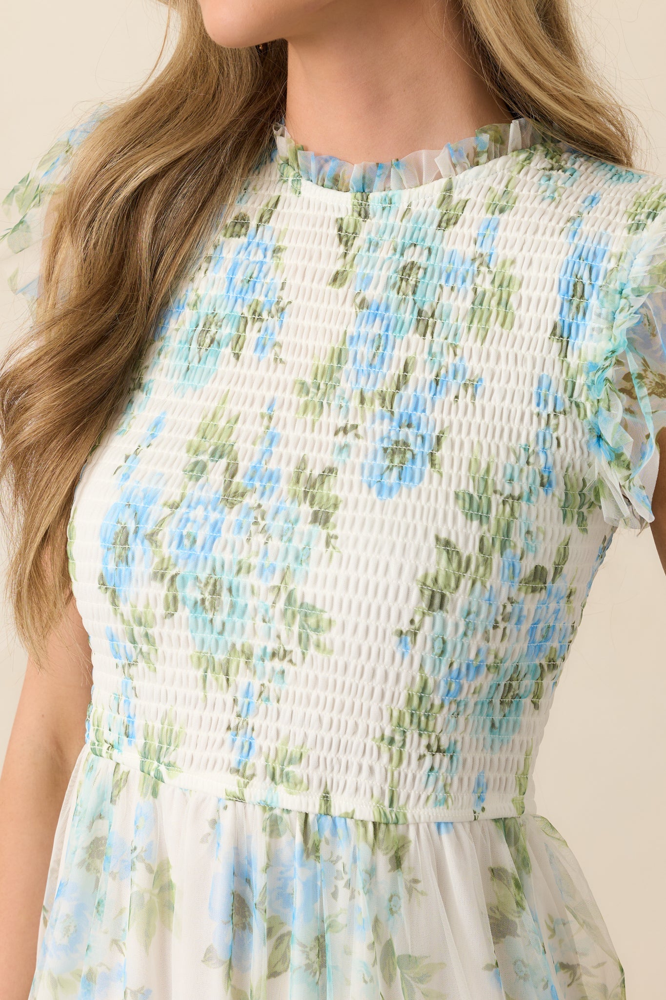 Blue Floral Ruffle Chiffon Dress