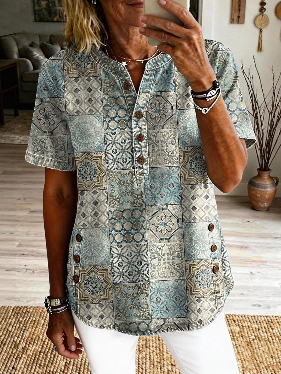 Women's Retro Bohemian Plaid Art Print Casual Short-sleeve Shirt