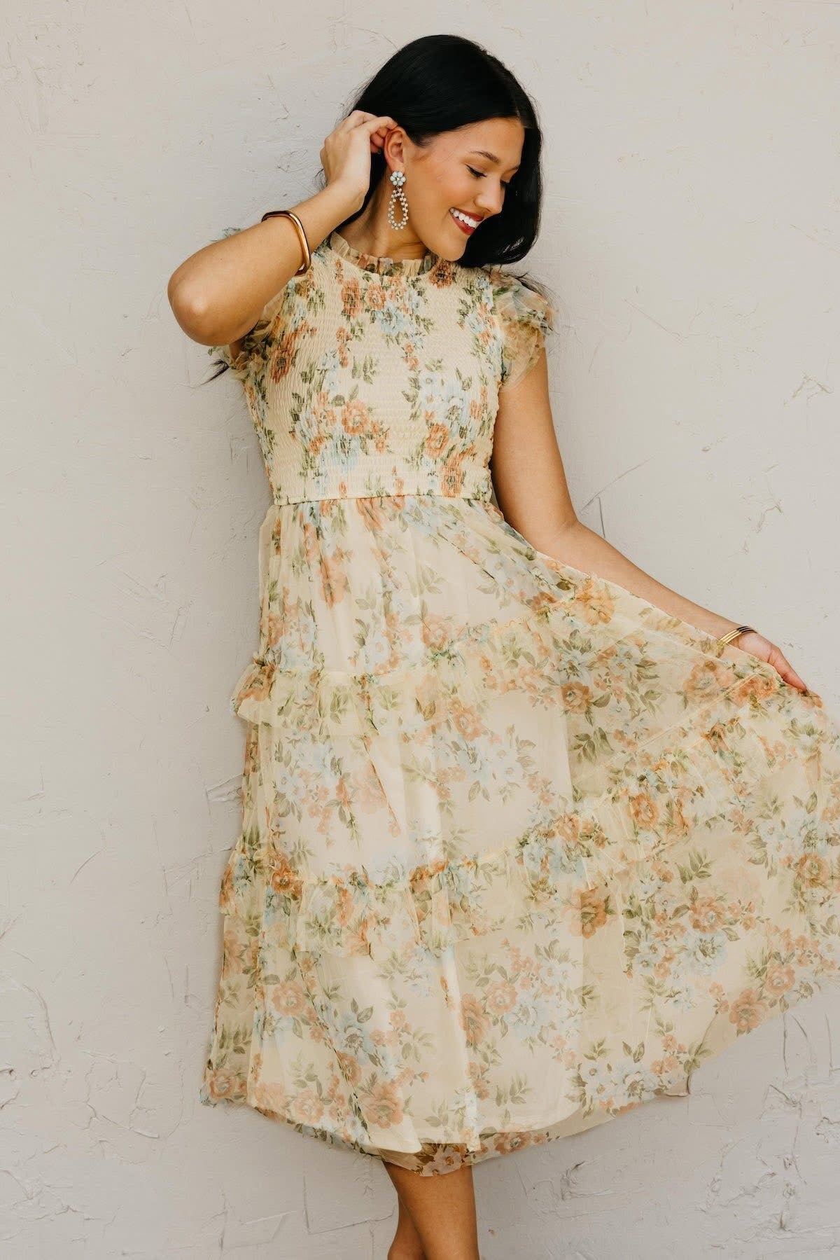 Pale Yellow Floral Ruffle Chiffon Dress