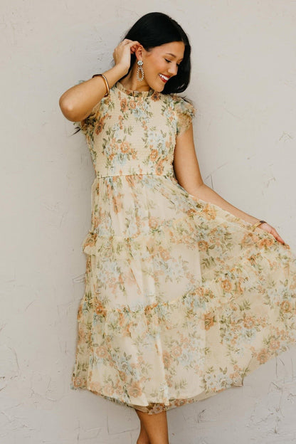 Pale Yellow Floral Ruffle Chiffon Dress
