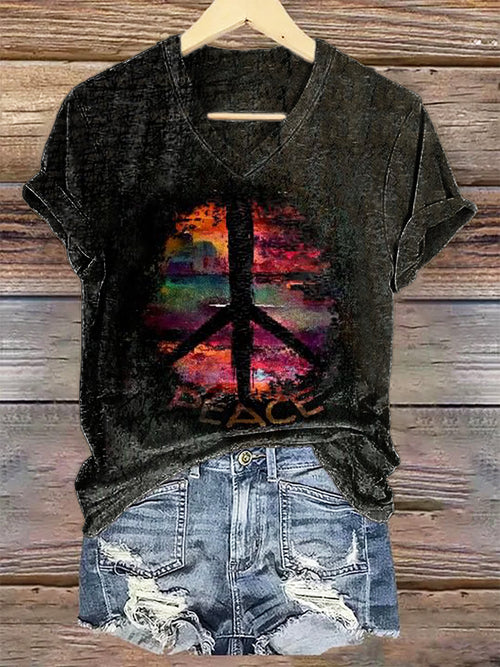Women's Hippie Peace Art Print V-neck Casual T-Shirt