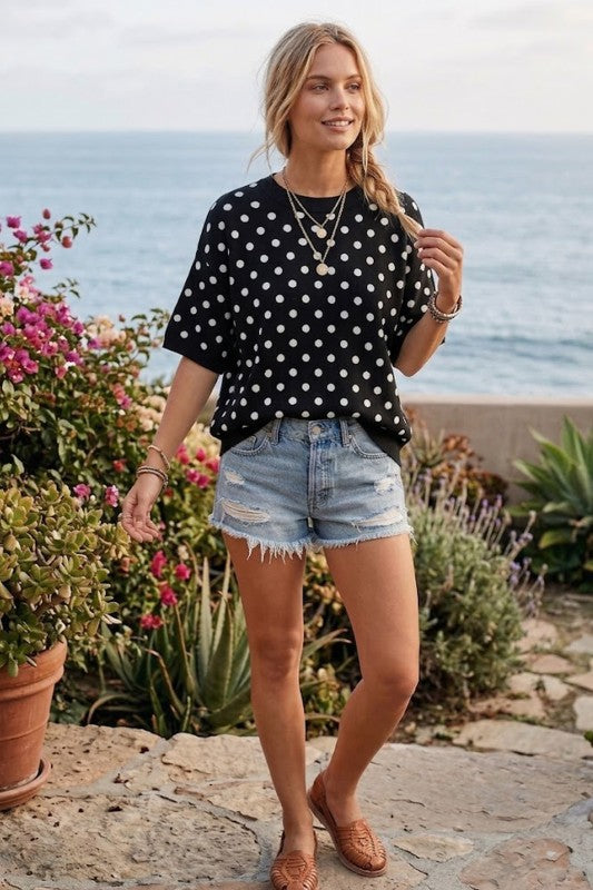 Polka Dot Short Sleeve Sweater Top Black