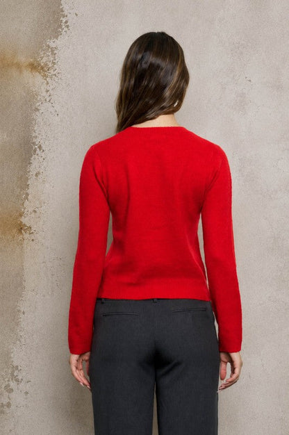 Classic Crew Neck Button Cardigan Red