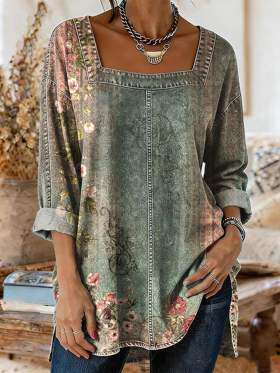 Women's Retro Bohemian Floral Art Print Casual Long-sleeved Square Neck Washed Cotton Denim Top