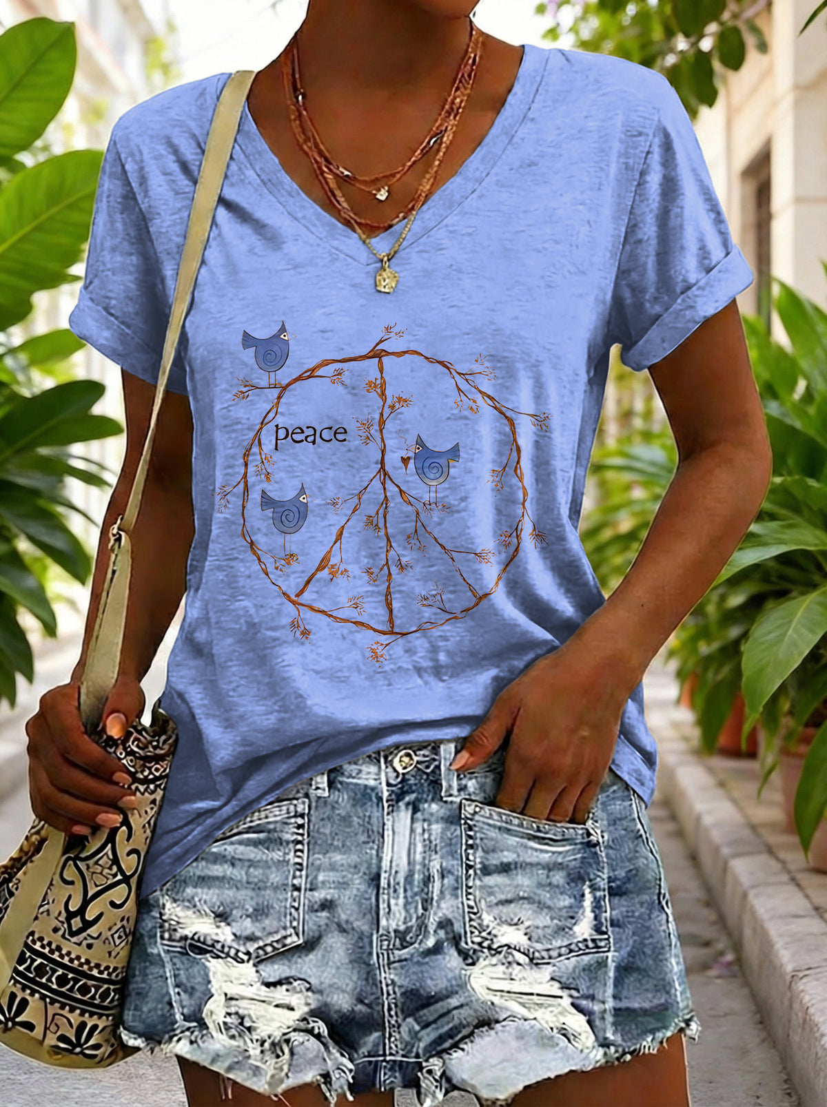 Women's Vintage Yellow Peace Sign Bird Hippie Art Print Casual V-neck Cotton T-shirt
