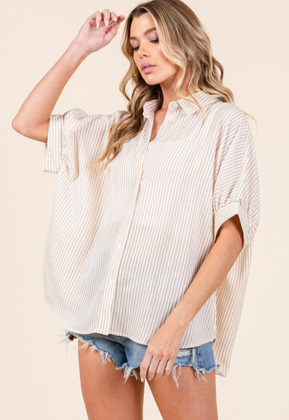 Stripe Oxford Button Down Shirt Taupe