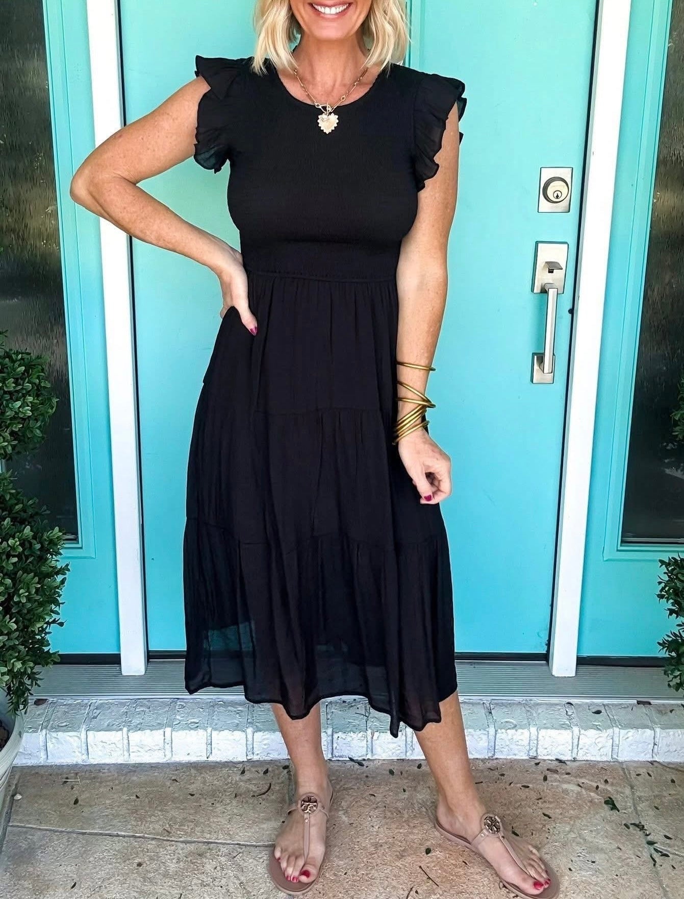 Black Smocked Ruffle Midi Dress