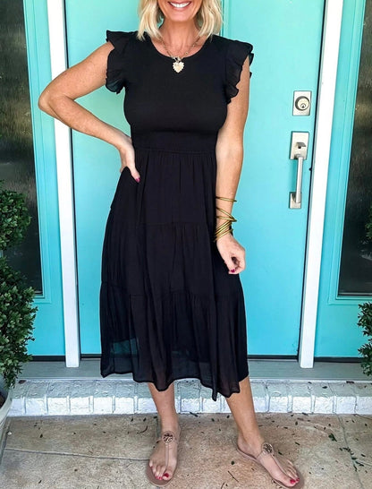Black Smocked Ruffle Midi Dress