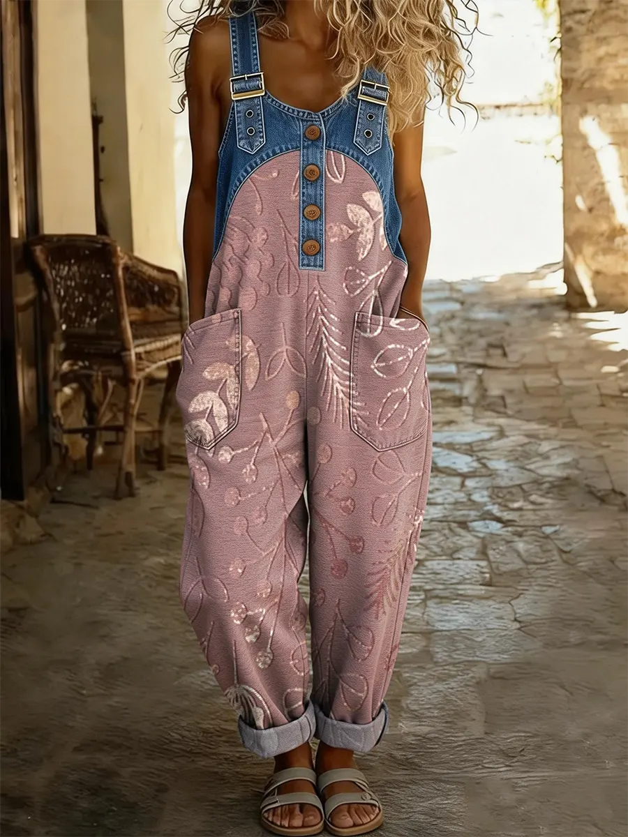 Women's Floral Art Print Patchwork Denim Overalls