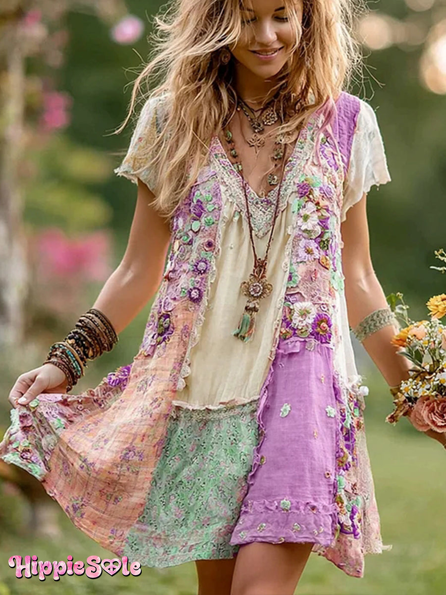Women's Retro Floral Print Pocket Cotton Dress
