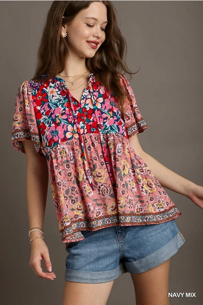 UMGEE Navy Mix Printed Smocked Shoulder Top