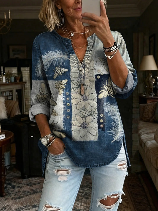 Women's Vintage Bee Floral Patchwork Art Print Casual V-Neck Washed Cotton Denim Top