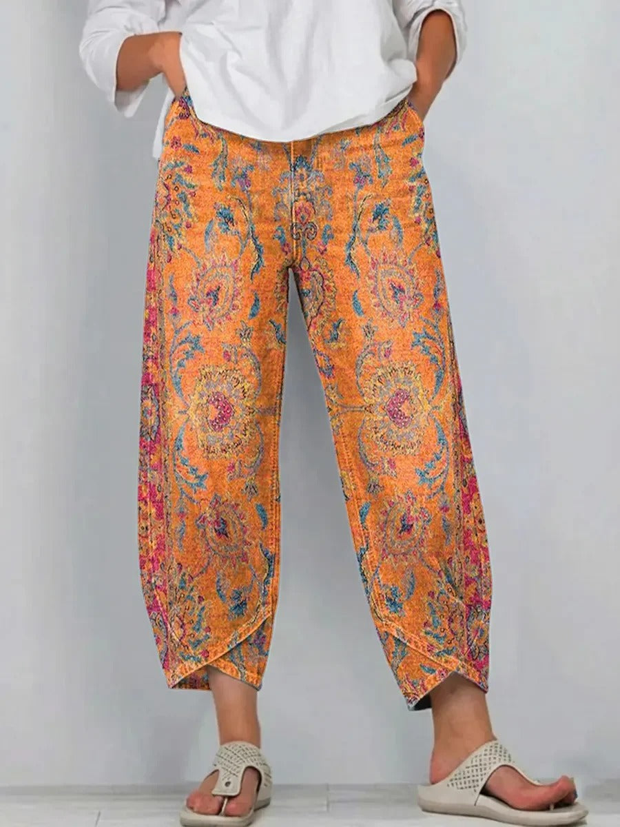 Women's Ethnic Wave Patchwork Art Print Cotton Jeans