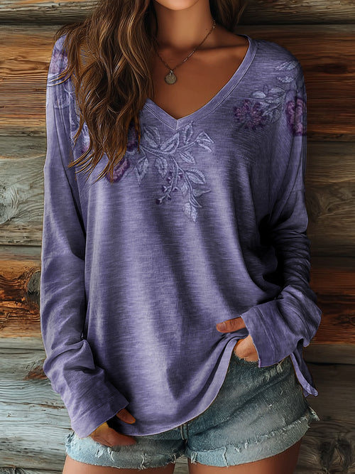 Women's Retro Art Print Casual V-Neck Long Sleeve T-Shirt
