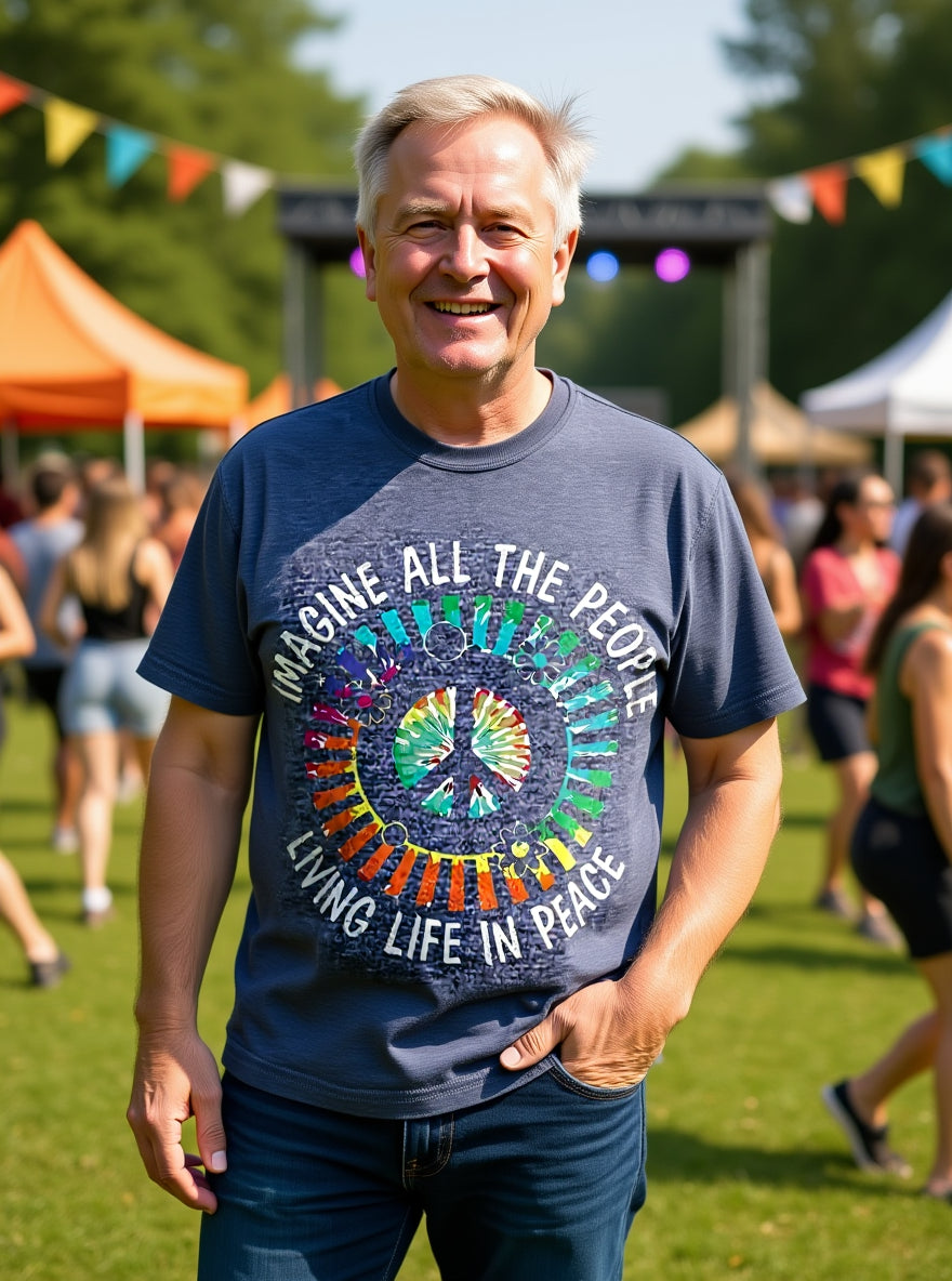 Unisex Hippie Imagine All The People Living Life in Peace Print Casual Loose Short Sleeve T-Shirt