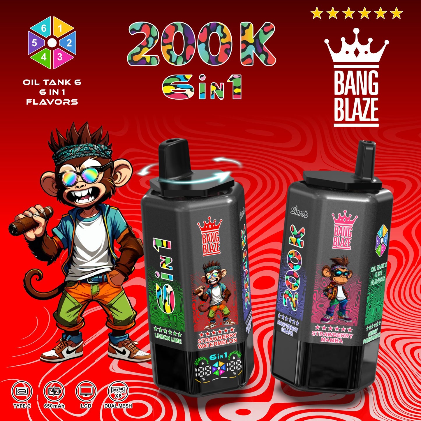 Bang Blaze 200000 200K Puffs 6 in 1 Flavors &  6 oil tanks Rechargeable LCD Display Disposable Vape