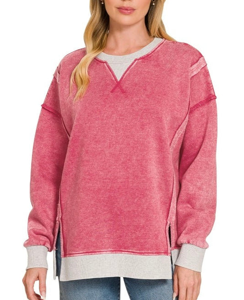 Fleece Washed Contrast Trim Pullover Red