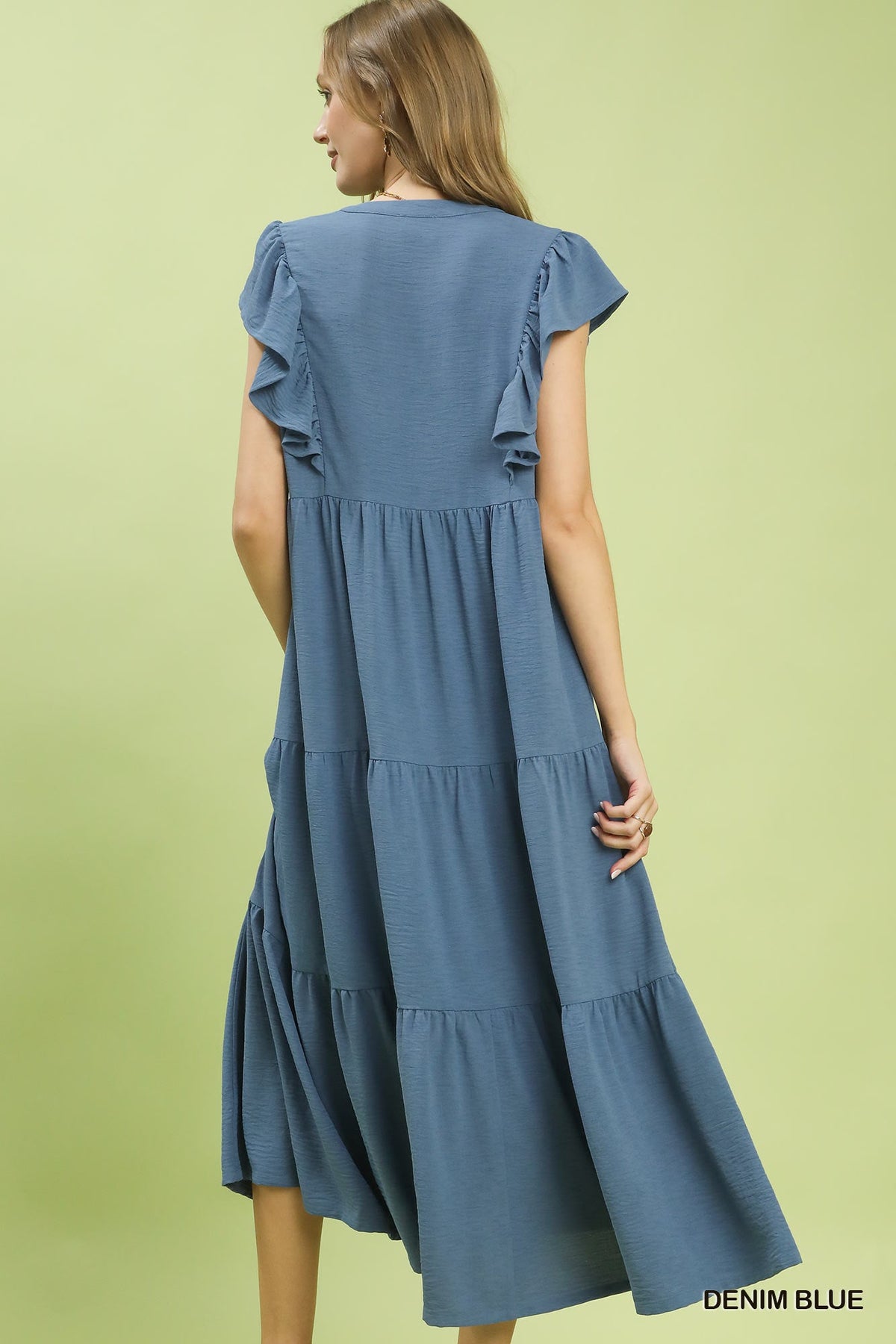 UMGEE Ruffle Sleeve Midi Dress Denim Blue